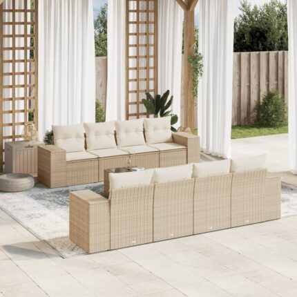 Salon de jardin avec coussins 9 pcs beige résine tressée