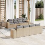Salon de jardin avec coussins 9 pcs beige résine tressée