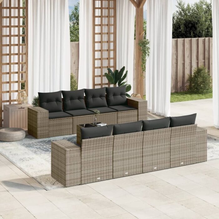 Salon de jardin 9 pcs avec coussins gris résine tressée – Image 1