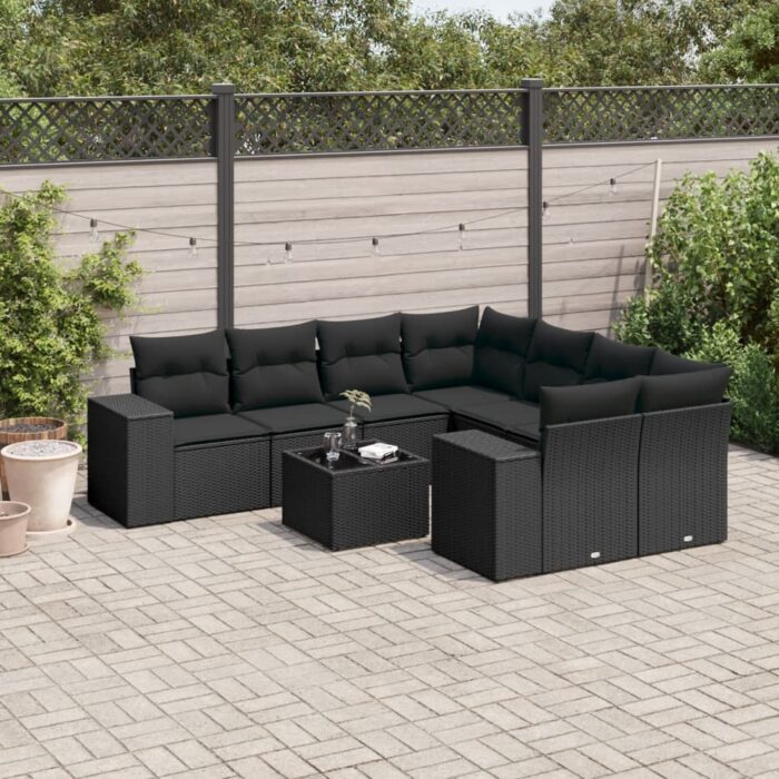 Salon de jardin 9 pcs avec coussins noir résine tressée – Image 1