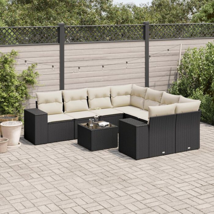 Salon de jardin 9 pcs avec coussins noir résine tressée – Image 1