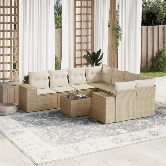 Salon de jardin avec coussins 9 pcs beige résine tressée – Image 1