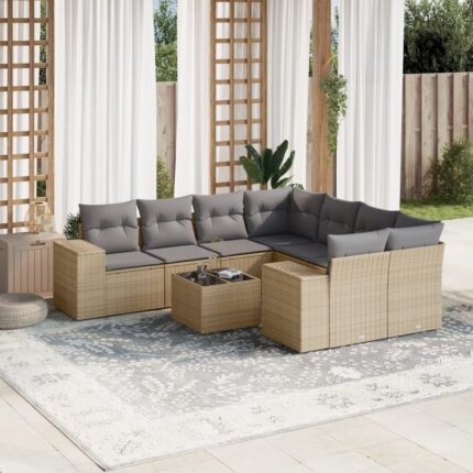 Salon de jardin avec coussins 9 pcs beige résine tressée