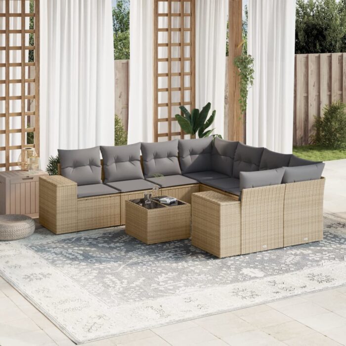 Salon de jardin avec coussins 9 pcs beige résine tressée – Image 1