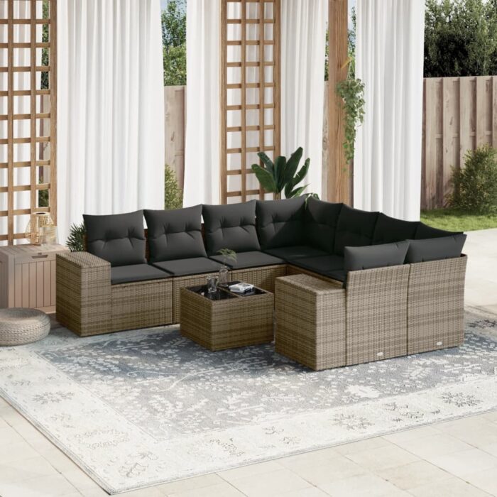 Salon de jardin 9 pcs avec coussins gris résine tressée – Image 1