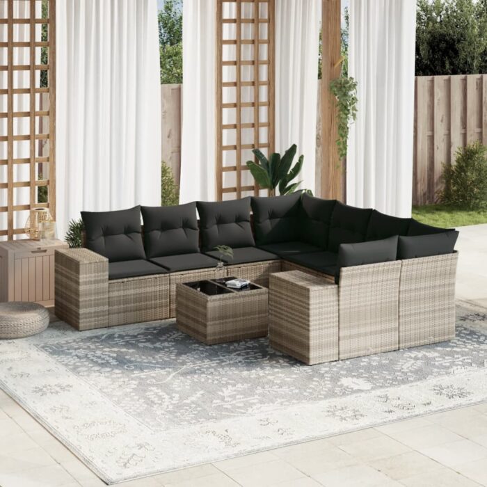 Salon de jardin 9 pcs avec coussins gris clair résine tressée – Image 1