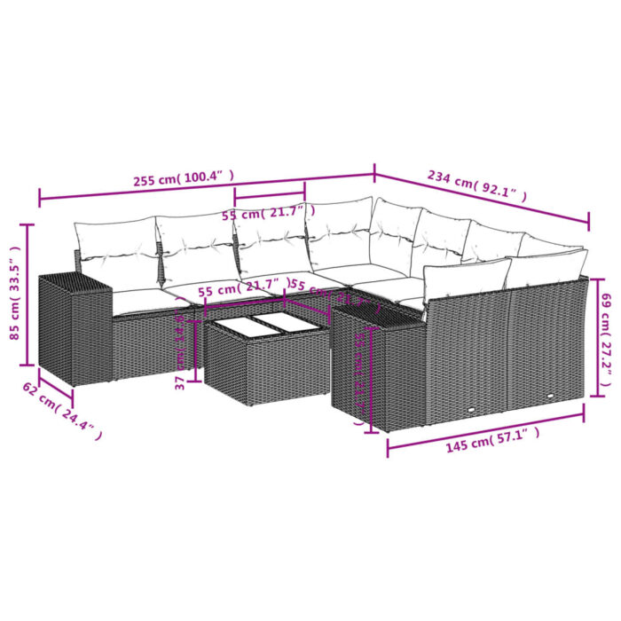 Salon de jardin avec coussins 9 pcs marron résine tressée – Image 6