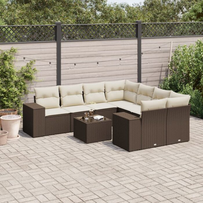 Salon de jardin avec coussins 9 pcs marron résine tressée – Image 1