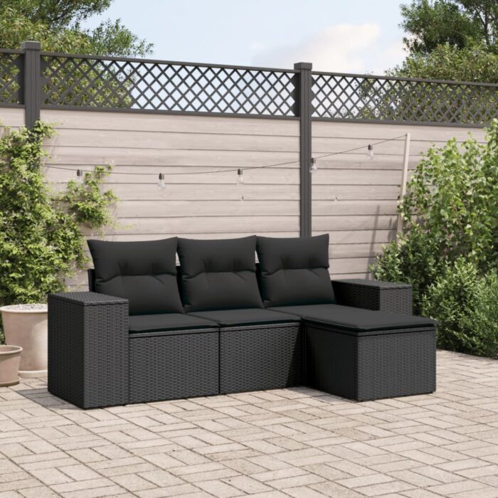 Salon de jardin 4 pcs avec coussins noir résine tressée – Image 1