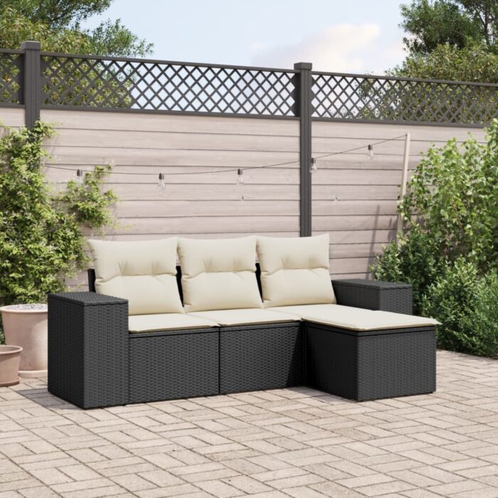 Salon de jardin 4 pcs avec coussins noir résine tressée – Image 1