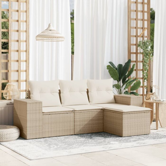 Salon de jardin avec coussins 4 pcs beige résine tressée – Image 1