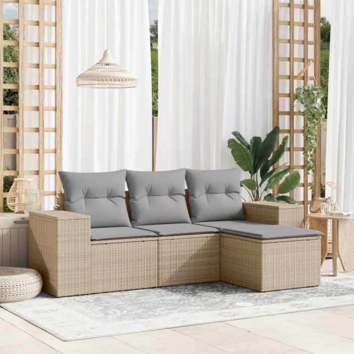 Salon de jardin avec coussins 4 pcs beige résine tressée – Image 1
