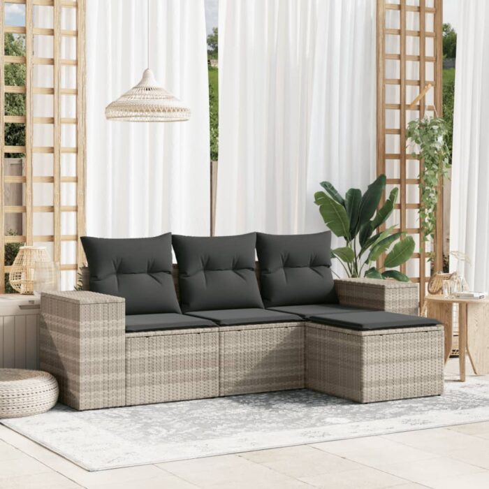 Salon de jardin 4 pcs avec coussins gris clair résine tressée – Image 1
