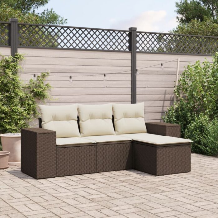 Salon de jardin 4 pcs avec coussins marron résine tressée – Image 1