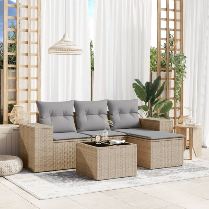 Salon de jardin avec coussins 5 pcs beige résine tressée – Image 1
