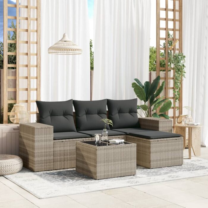 Salon de jardin 5 pcs avec coussins gris clair résine tressée – Image 1