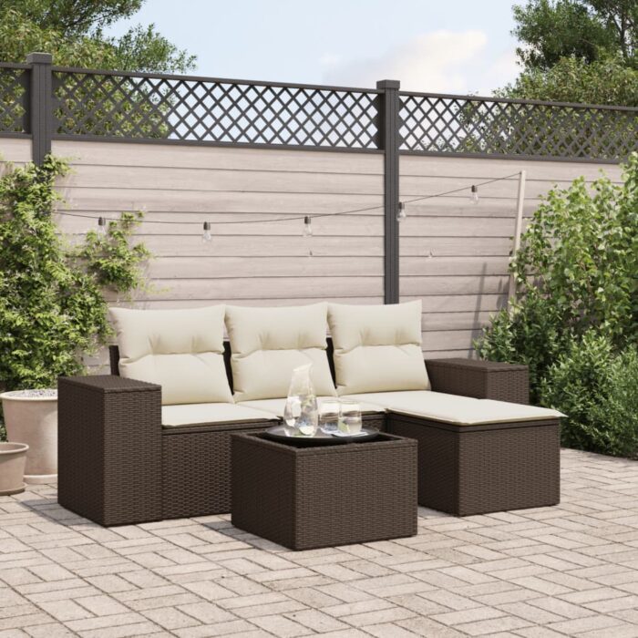 Salon de jardin avec coussins 5 pcs marron résine tressée – Image 1