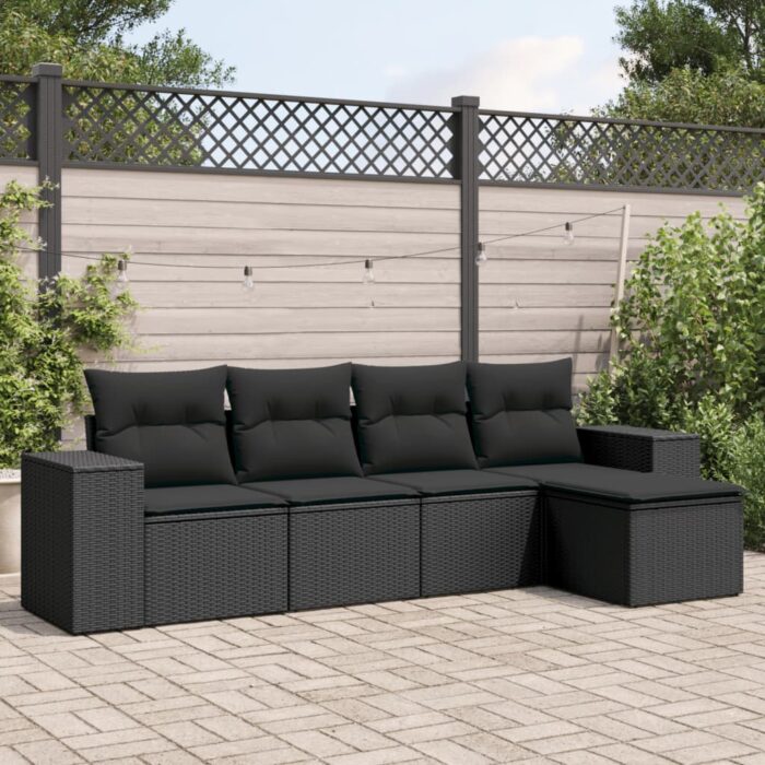 Salon de jardin 5 pcs avec coussins noir résine tressée – Image 1