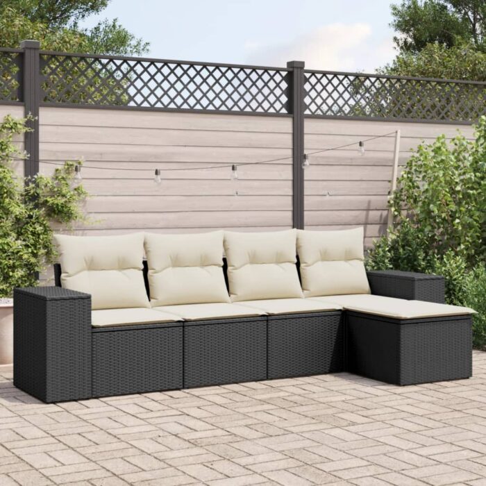 Salon de jardin 5 pcs avec coussins noir résine tressée – Image 1