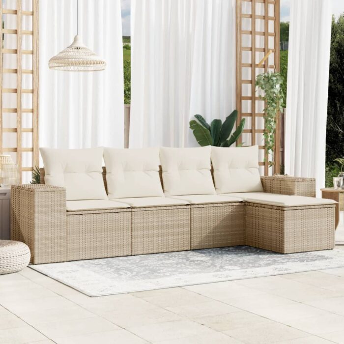 Salon de jardin avec coussins 5 pcs beige résine tressée – Image 1