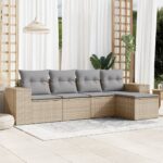 Salon de jardin avec coussins 5 pcs beige résine tressée