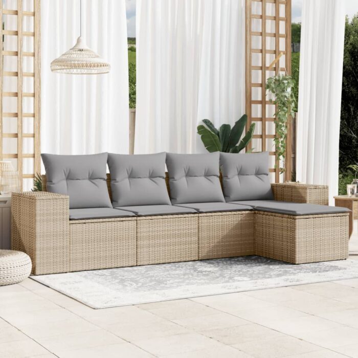 Salon de jardin avec coussins 5 pcs beige résine tressée – Image 1