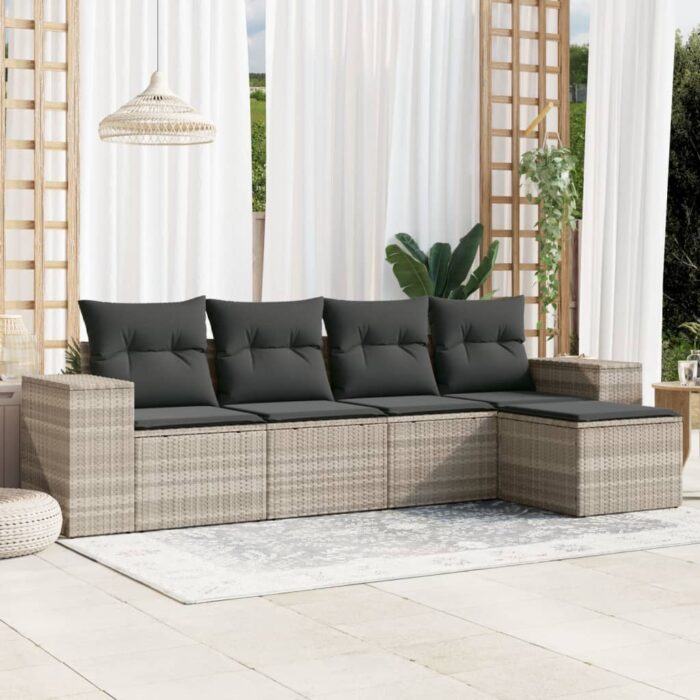Salon de jardin 5 pcs avec coussins gris clair résine tressée – Image 1