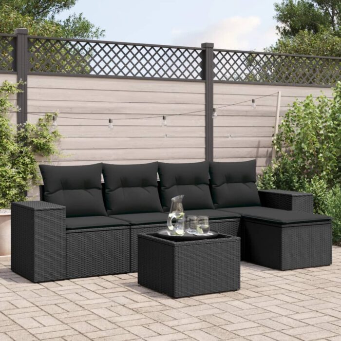 Salon de jardin 6 pcs avec coussins noir résine tressée – Image 1