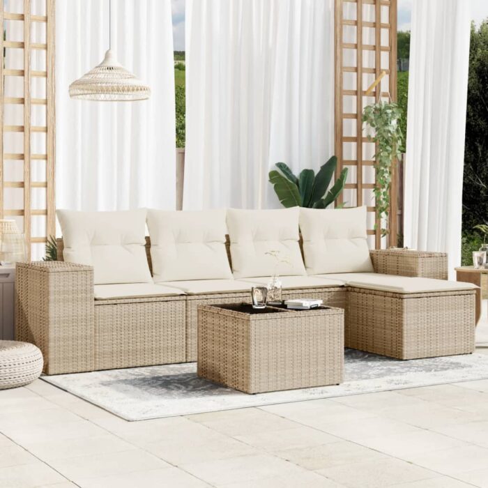 Salon de jardin avec coussins 6 pcs beige résine tressée – Image 1