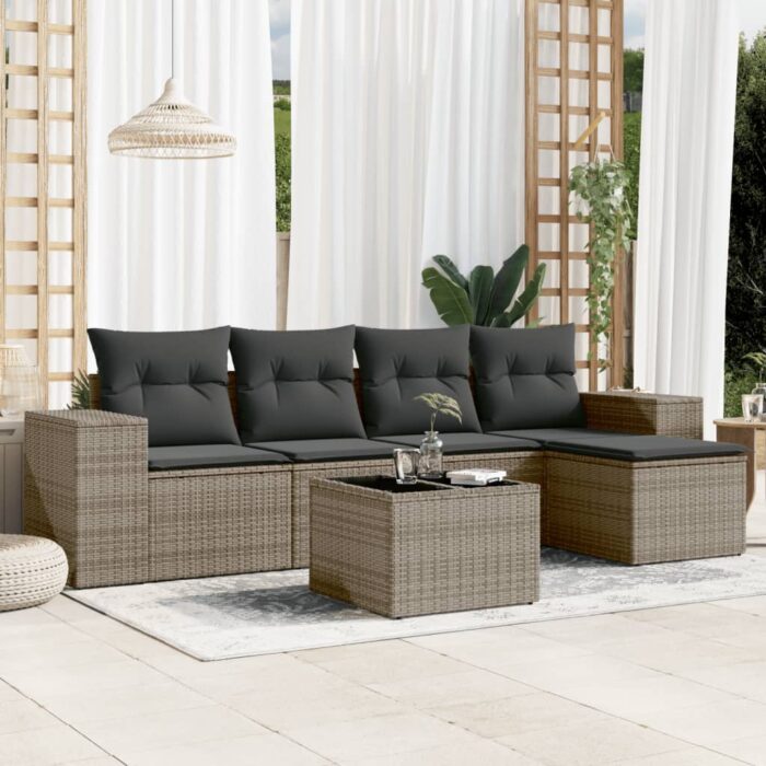 Salon de jardin 6 pcs avec coussins gris résine tressée – Image 1