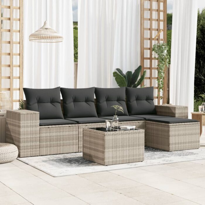 Salon de jardin 6 pcs avec coussins gris clair résine tressée – Image 1