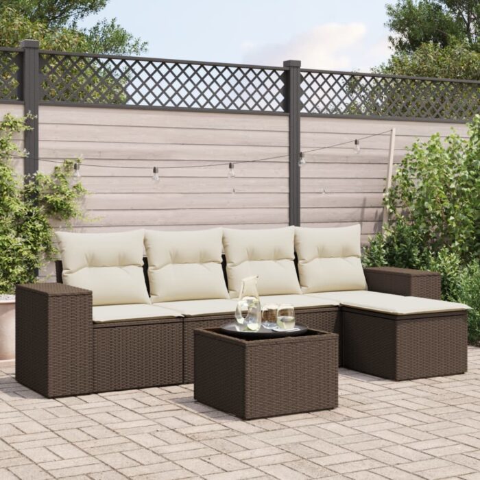 Salon de jardin avec coussins 6 pcs marron résine tressée – Image 1