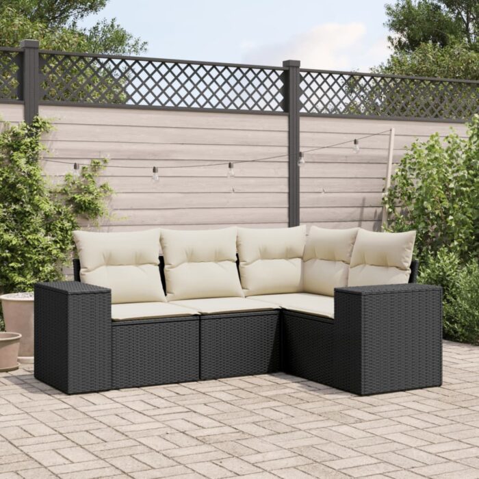 Salon de jardin 4 pcs avec coussins noir résine tressée – Image 1