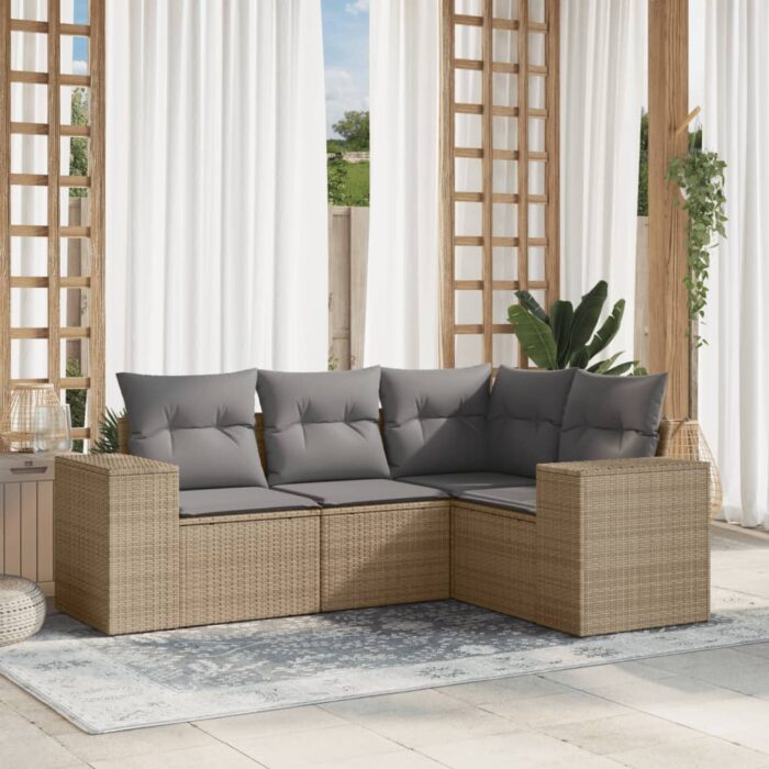 Salon de jardin avec coussins 4 pcs beige résine tressée – Image 1