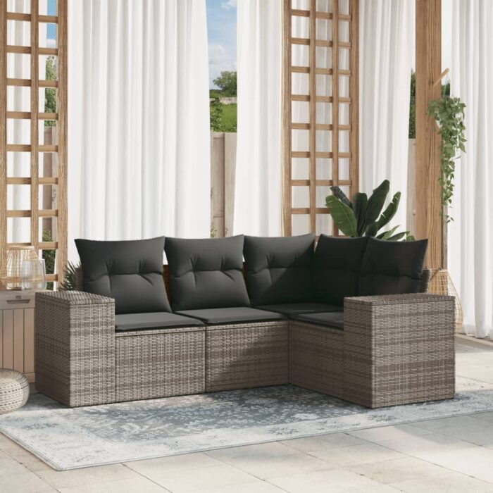 Salon de jardin 4 pcs avec coussins gris résine tressée – Image 1
