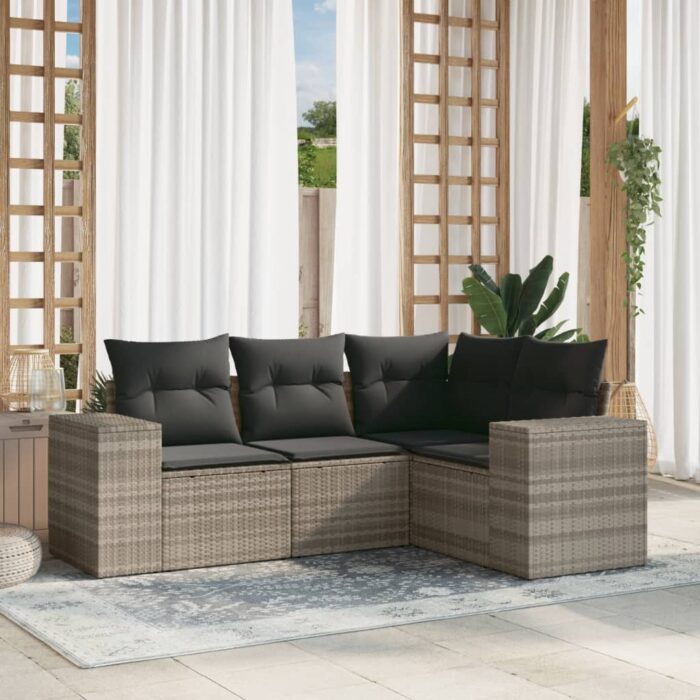 Salon de jardin 4 pcs avec coussins gris clair résine tressée – Image 1
