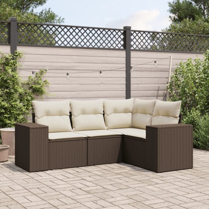 Salon de jardin 4 pcs avec coussins marron résine tressée – Image 1