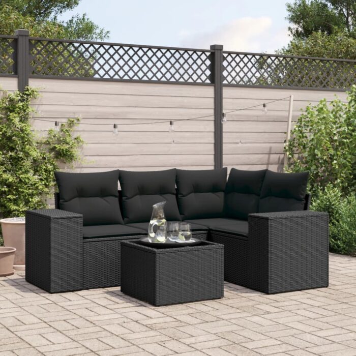Salon de jardin 5 pcs avec coussins noir résine tressée – Image 1
