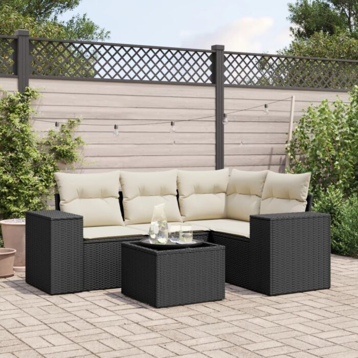 Salon de jardin 5 pcs avec coussins noir résine tressée – Image 1