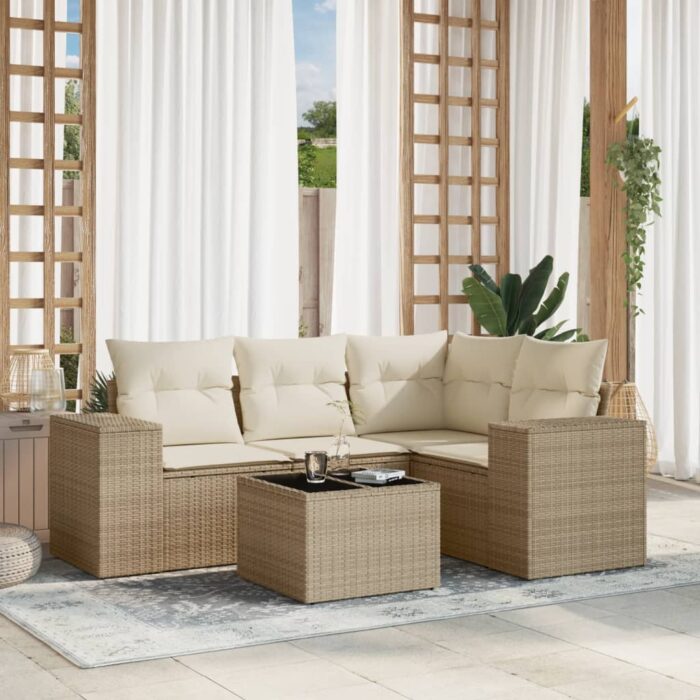 Salon de jardin avec coussins 5 pcs beige résine tressée – Image 1