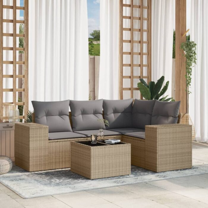 Salon de jardin avec coussins 5 pcs beige résine tressée – Image 1