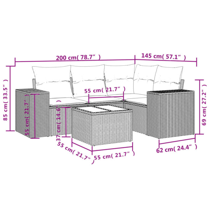 Salon de jardin 5 pcs avec coussins gris clair résine tressée – Image 6