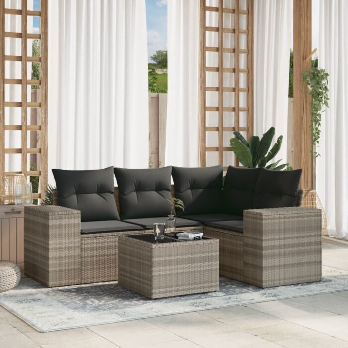 Salon de jardin 5 pcs avec coussins gris clair résine tressée – Image 1