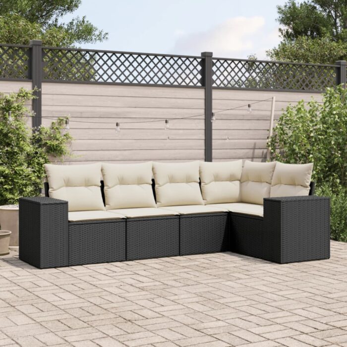 Salon de jardin 5 pcs avec coussins noir résine tressée – Image 1