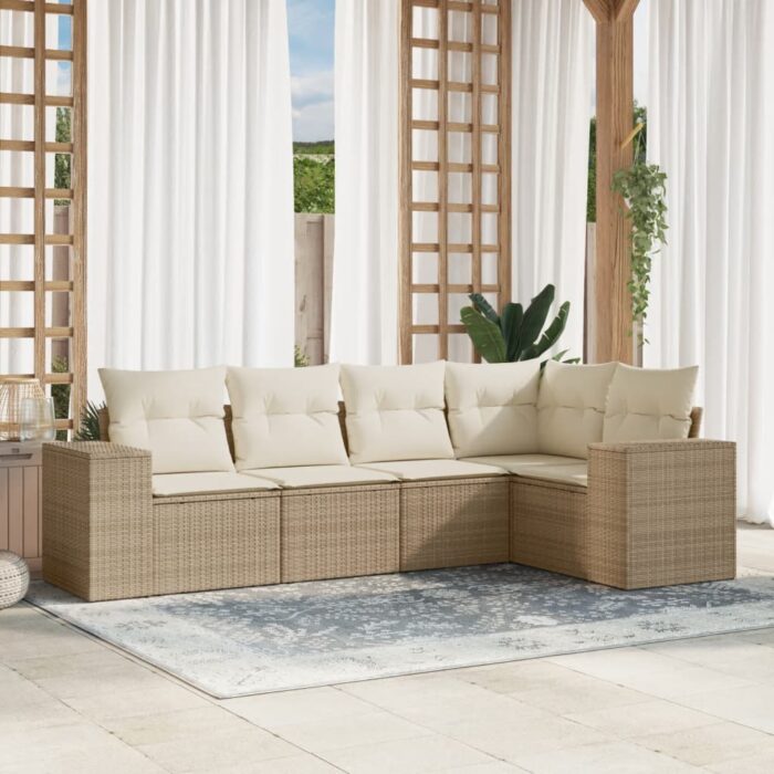 Salon de jardin avec coussins 5 pcs beige résine tressée – Image 1