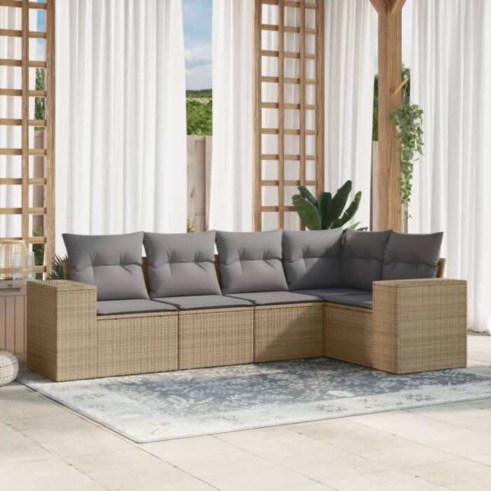 Salon de jardin avec coussins 5 pcs beige résine tressée – Image 1