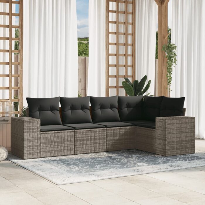 Salon de jardin 5 pcs avec coussins gris résine tressée – Image 1