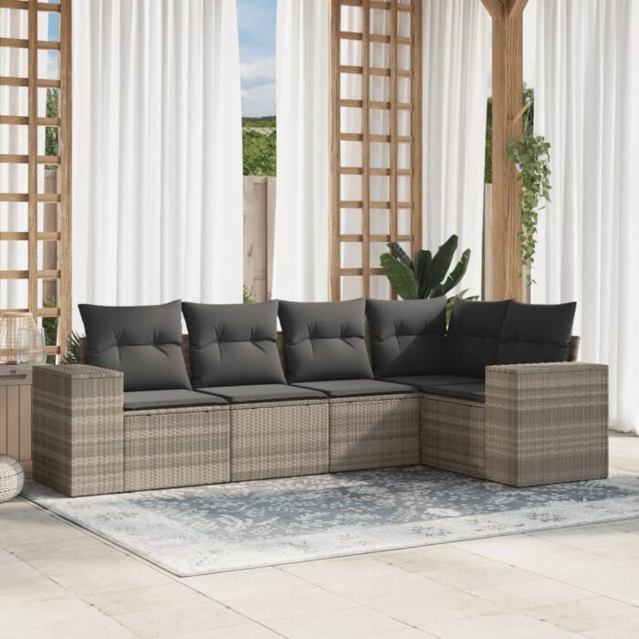Salon de jardin 5 pcs avec coussins gris clair résine tressée – Image 1