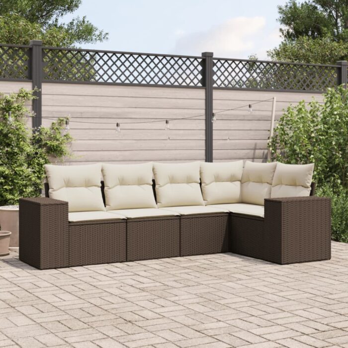 Salon de jardin avec coussins 5 pcs marron résine tressée – Image 1