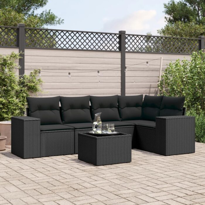 Salon de jardin 6 pcs avec coussins noir résine tressée – Image 1